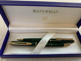 Nwot Waterman Hemisphere Green Marble Pen And Pencil Set - Paris Circa 1994
