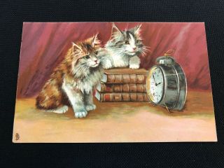 Maurice Boulanger Postcard,  Cats In Library Laying On Books Watching Clock