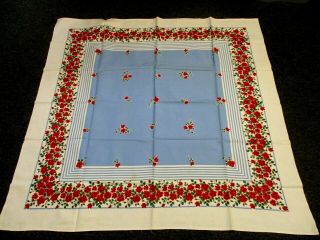 Vintage Red White & Blue Cotton Kitchen Tablecloth With Pretty Rose Border 50 "