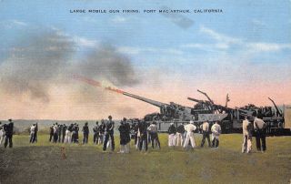Fort Macarthur San Pedro California 1940s Wwii Linen Postcard Mobile Gun Firing