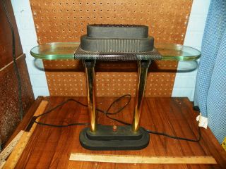 Vintage Art Deco Black Desk Lamp W Brass & Glass Wings - 150w Halogen