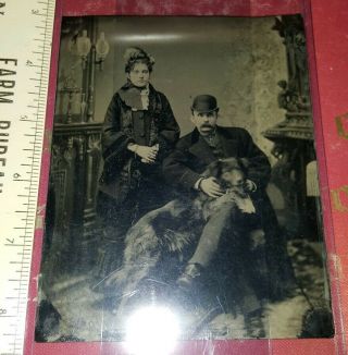 Large Tintype Of Man With Woman And Dog - About Half Plate In Size
