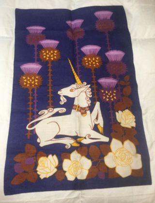 Vintage Ireland Irish Linen Dish Tapestry Art Tea Towel Unicorn Roses Thistles