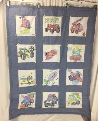 Vintage Embroidery Baby Hand Made Wall Quilt Crib Blanket 45x35 Plane Train Car