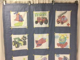 Vintage Embroidery Baby Hand Made Wall Quilt Crib Blanket 45x35 Plane Train CAR 2