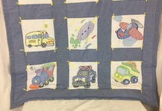 Vintage Embroidery Baby Hand Made Wall Quilt Crib Blanket 45x35 Plane Train CAR 3