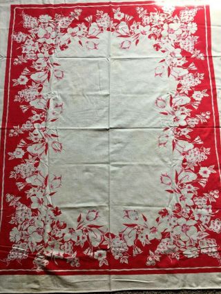 Pretty Vintage Tablecloth,  Cotton,  Red and White,  50 x 62 2