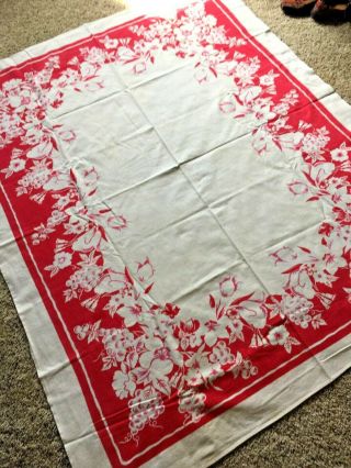 Pretty Vintage Tablecloth,  Cotton,  Red and White,  50 x 62 5