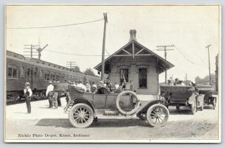 Knox Indiana Vintage Cars @ Nickle Plate Depot Train At Station 1916 B&w Pc