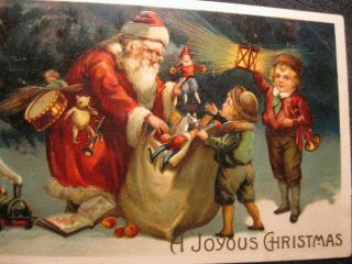Better Old Postcard Joyous Christmas Santa Claus Toy Bag Train Teddy Bear Kids