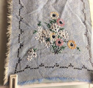 vintage embroidered dresser scarf blue woven fringe cottage chic 2