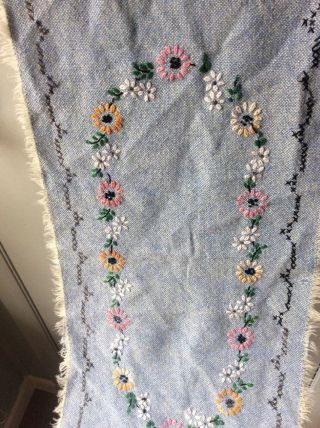 vintage embroidered dresser scarf blue woven fringe cottage chic 3