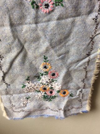 vintage embroidered dresser scarf blue woven fringe cottage chic 4