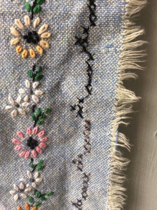 vintage embroidered dresser scarf blue woven fringe cottage chic 5