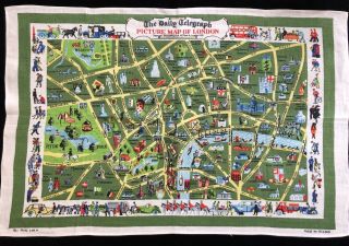 Daily Telegraph Souvenir Linen Tea Towel W/ Picture Map Of London Uk (rf861)