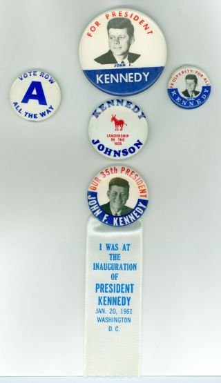 5 Vtg 1960 - 61 President John F.  Kennedy Campaign & Inauguration Pinback Buttons