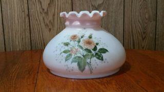 Vintage Hurricane Lamp Shade Pink & White Roses Floral Glass Fits 7 Inch Fitter