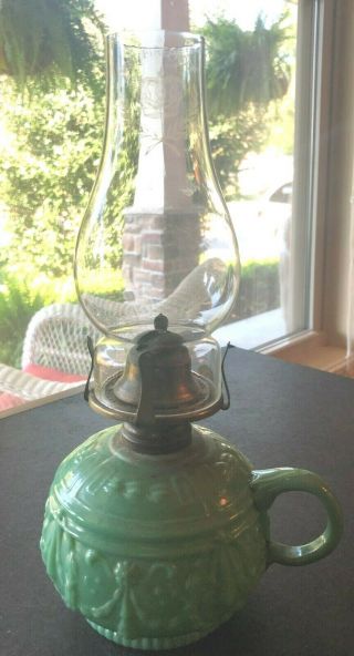 Antique Miniature Green Milk Glass Oil Lamp W/best Fireproof Chimney