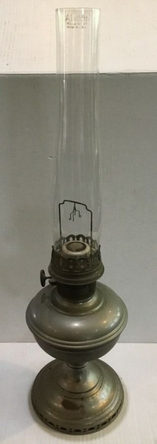 Large Vtg Aladdin Model 11 Metal Oil Lamp W/ Aladdin Marked Chimney