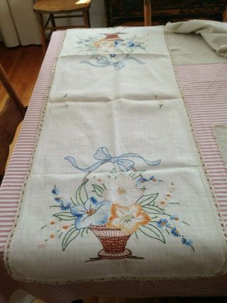 Vintage Hand Embroidered Table Runner,  Dresser Scarf,  Crocheted Trim 40 " X15 "