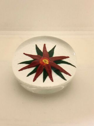 Whittemore Glass Red & Green Poinsettia In Snow Signed Paperweight