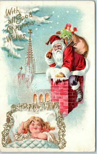 Vintage Christmas Postcard Santa Claus At Chimney / Sleeping Girl 1912 Cancel