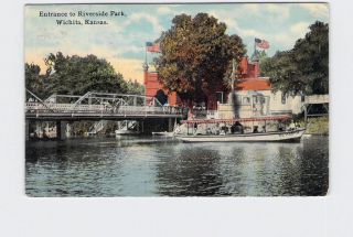 Antique Postcard Kansas Wichita Entrance To Riverside Park Olympia Boat Flags Wa