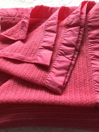 Vintage Acrylic Waffle Weave Blanket Fuchsia Pink Satin/nylon Trim 74 " X 84 "