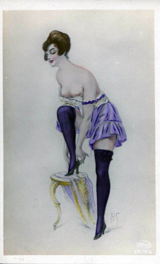 Risque Belle Puts On Shoe Fine Old Erotic Postcard H.  S.