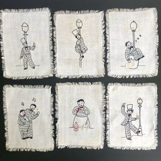 Vintage Set Of 6 Linen Cocktail Napkins Madeira Hand Embroidery Inebriated Men