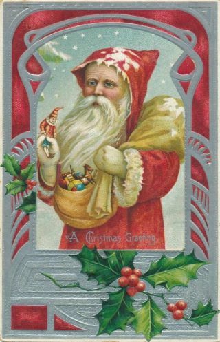 Santa Claus With Jester & Toy Sack Antique Embossed Christmas Postcard - K211