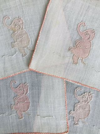 Set Of 4 Vintage Pink Elephant Madeira Embroidery Linen Cocktail Napkins
