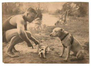 Man Swimsuit Cat Kitten Pitbull Pit Bull Terrier Dog Canine Vintage Photo