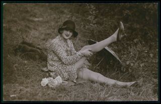 French Risque Sexy Woman Outdoor Leg Up Old 1920s Photo Postcard