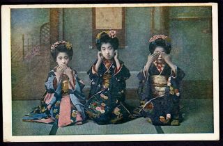 Japan 1920 - Three Very Young Maiko Posed,  " See,  Speak,  Hear No Evil "