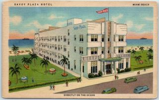 Miami Beach,  Florida Postcard Savoy Plaza Hotel Art Dec Building Linen C1940s