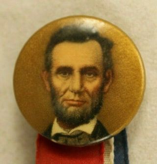 Antique Lincoln Pinback Button - Political Pin - Gold Background - Ribbons