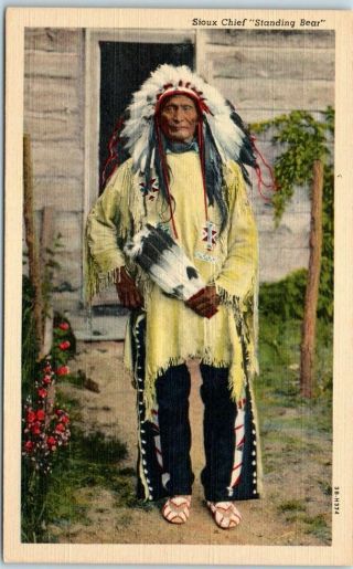 1940s Native Americana Postcard Sioux Chief Standing Bear Curteich Linen 3b - H374