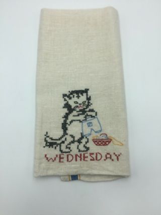 Hand Embroidered Kitten Wednesday Linen Towel Tea Hand Dish Day Of Week