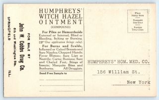 Vintage HUMPHREYS WITCH HAZEL Trade Card / COBBS DRUGSTORE Springfield Illinois 2