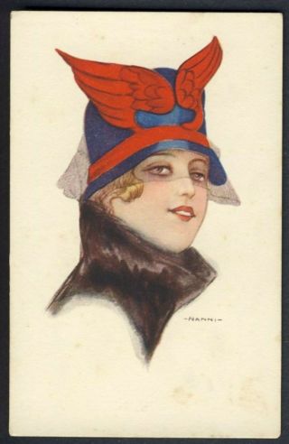 Nanni A/s Fashion Pretty Woman Wearing Red Winged Blue Hat With Veil