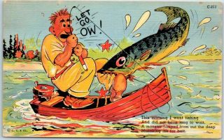 Vintage 1940s Ray Walters Postcard Whopper Fish Comics C - 211 Curteich Linen