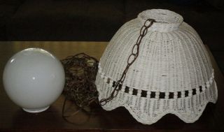 Vintage White Wicker Hanging Swag Lamp With Glass Globe & Chain