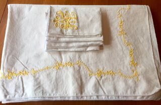 Vintage Ivory Linen Tablecloth W/ 4 Napkins,  Yellow Embroidery,  72 " X 50 ".