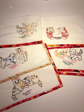 5 Vintage Embroidered Cat Tea Towels With Hand Binding.