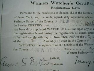 SUFFRAGE PARTY VOTES FOR WOMEN WATCHER ' S CERTIFICATE 1917 YORK 3