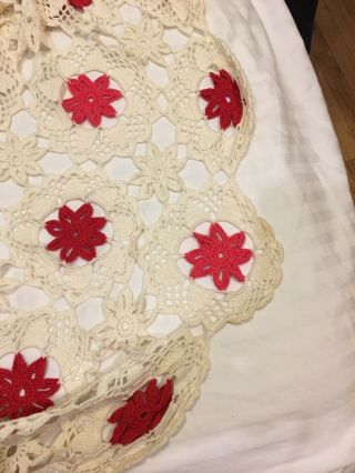 Vintage Hand Crochet Bedspread - Ivory With Red Stars