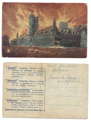 Belgium Old Tinted Medicine Advt.  Postcard Ypres Cloth Market World War 1st