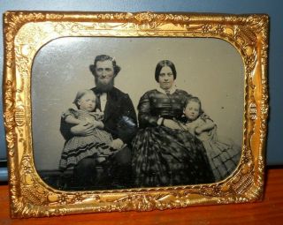 Antique Big 1/4 Plate Tintype Of Family With Thick Glass And Brass Frame