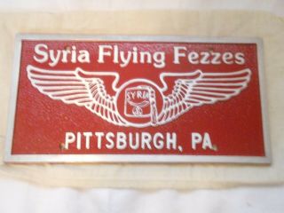 Masonic " Syria Flying Fezzes,  Pittsburgh Pa " Cast Aluminum License Plate